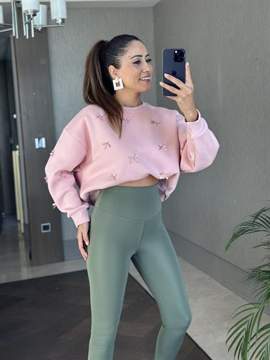 Pembe Bisiklet Yaka Kurdele Detaylı Şardonlu Kadın Sweatshirt