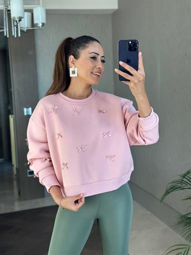 Pembe Bisiklet Yaka Kurdele Detaylı Şardonlu Kadın Sweatshirt