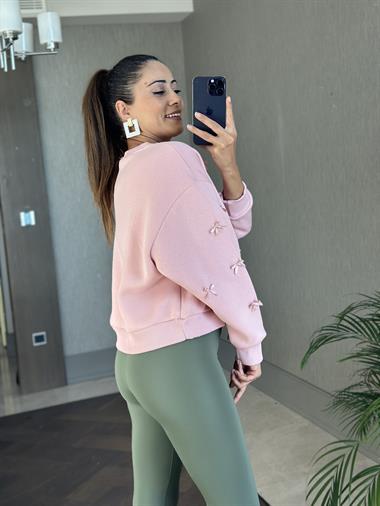 Pembe Bisiklet Yaka Kurdele Detaylı Şardonlu Kadın Sweatshirt