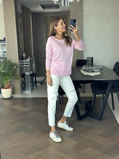 Pembe Bisiklet Yaka Uzun Kol Dlvn Düz Merserize Kadın Bluz