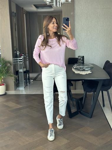 Pembe Bisiklet Yaka Uzun Kol Dlvn Düz Merserize Kadın Bluz