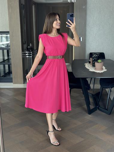 Fuşya Bisiklet Yaka Vatkalı Kemerli Aerobin Kadın Elbise
