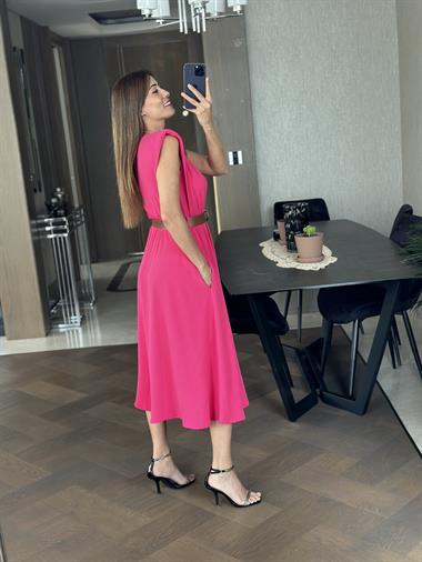 Fuşya Bisiklet Yaka Vatkalı Kemerli Aerobin Kadın Elbise