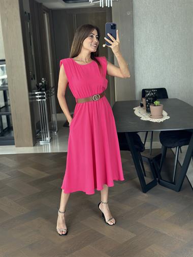 Fuşya Bisiklet Yaka Vatkalı Kemerli Aerobin Kadın Elbise