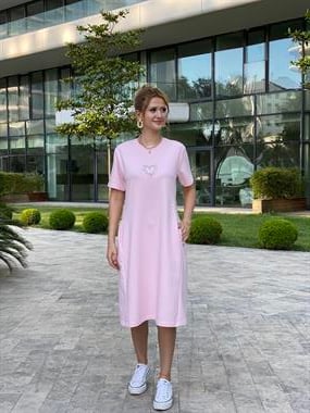 Pembe Cepli Taş Kalpli Basic Midi Boy Kadın Elbise