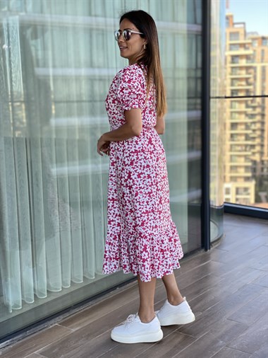 Pembe Çiçek Desenli Beli Lastikli Poplin Elbise