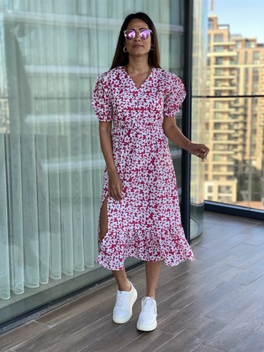 Pembe Çiçek Desenli Beli Lastikli Poplin Elbise