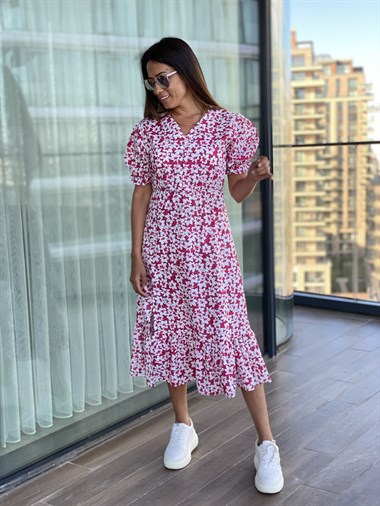 Pembe Çiçek Desenli Beli Lastikli Poplin Elbise