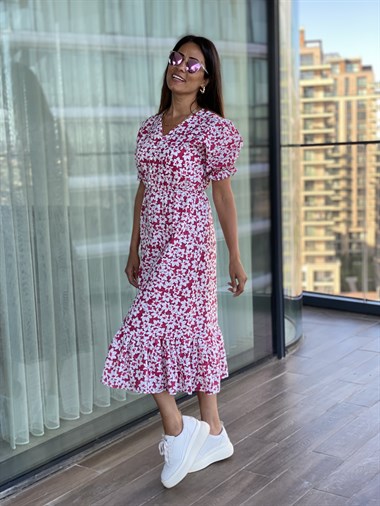 Pembe Çiçek Desenli Beli Lastikli Poplin Elbise