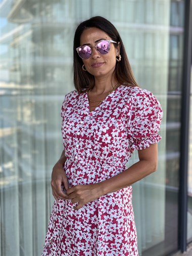 Pembe Çiçek Desenli Beli Lastikli Poplin Elbise