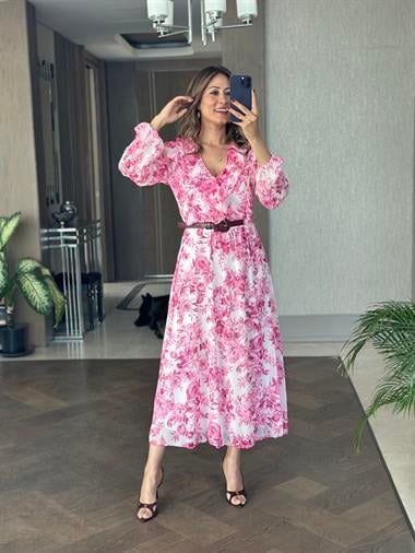 Pembe Çiçek Desenli Yakası Volanlı Kemerli Midi Boy Şifon Kadın Elbise 