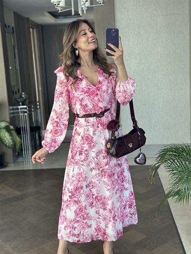 Pembe Çiçek Desenli Yakası Volanlı Kemerli Midi Boy Şifon Kadın Elbise 