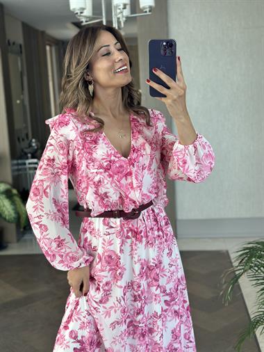 Pembe Çiçek Desenli Yakası Volanlı Kemerli Midi Boy Şifon Kadın Elbise 