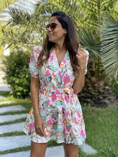 Pembe Çiçekli Vatkalı Balon Kol Kruvaze Yaka Kadın Elbise