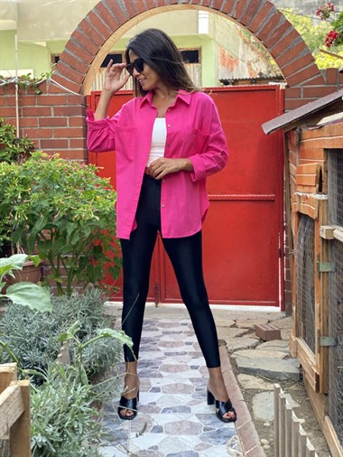 Pembe Çift Cepli Flam Keten Kadın Gömlek