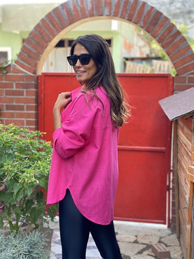 Pembe Çift Cepli Flam Keten Kadın Gömlek