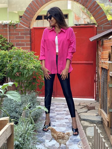 Pembe Çift Cepli Flam Keten Kadın Gömlek