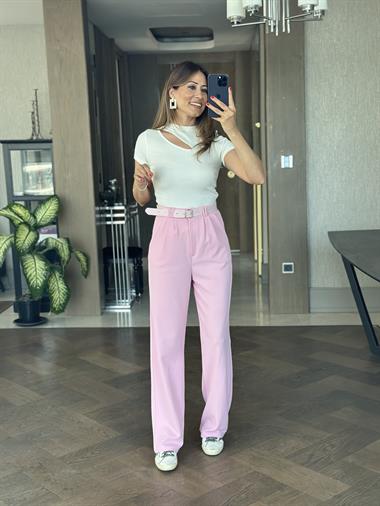 Pembe Çift Pileli Kemerli Likralı Krep Kadın Pantolon