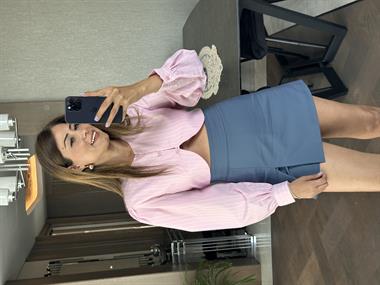 Pembe Çizgili Brit Düğmeli Bisiklet Yaka Uzun Kollu Kadın Crop Gömlek