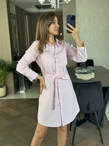 Pembe Çizgili Kuşaklı Poplin Kadın Gömlek Elbise
