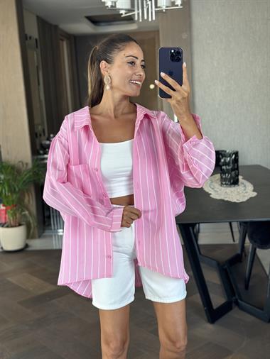Pembe Çizgili Oversize Tek Cepli Kadın Gömlek