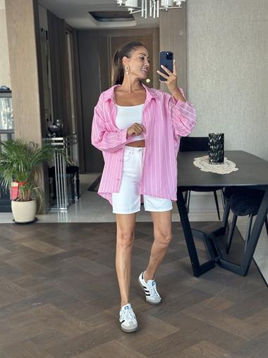 Pembe Çizgili Oversize Tek Cepli Kadın Gömlek