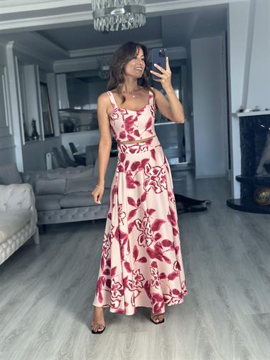 Pembe Desenli Arkası Gipeli Crop Bluz Etek Kadın Takım