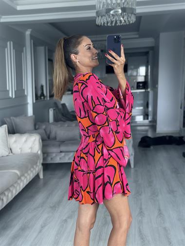 Pembe Desenli Bağlamalı Bluz Beli Gipeli Şort Kadın Alt Üst Takım