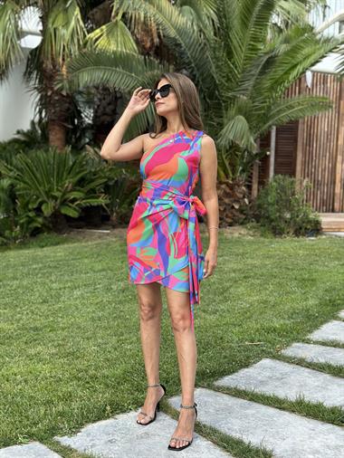 Pembe Desenli Tek Omuz Bağlama Detay Kuşaklı Mini Kadın Elbise