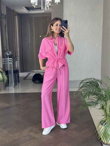 Pembe Dokulu Beli Bağcıklı Ceket Pantolon Kadın Alt Üst Takım