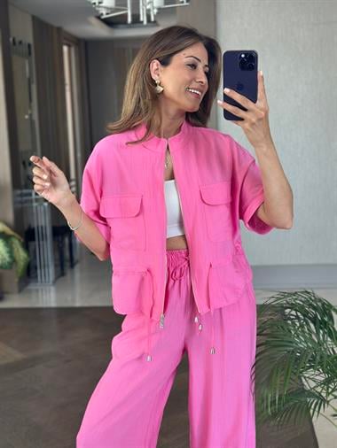 Pembe Dokulu Beli Bağcıklı Ceket Pantolon Kadın Alt Üst Takım