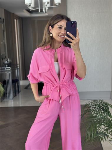 Pembe Dokulu Beli Bağcıklı Ceket Pantolon Kadın Alt Üst Takım