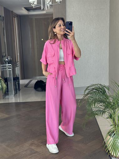 Pembe Dokulu Beli Bağcıklı Ceket Pantolon Kadın Alt Üst Takım