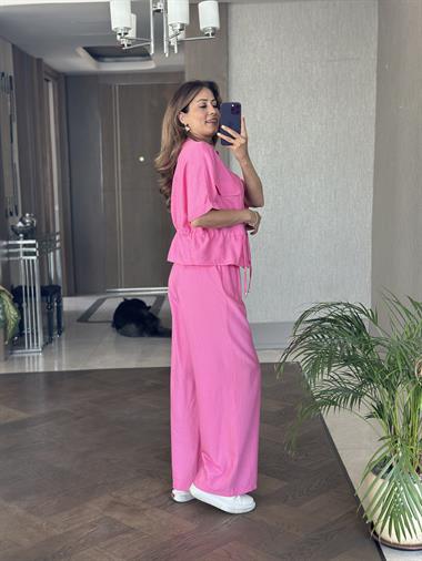 Pembe Dokulu Beli Bağcıklı Ceket Pantolon Kadın Alt Üst Takım