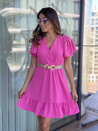 Pembe Eteği Ve Kolları Volanlı Belden Lastikli Kadın Elbise