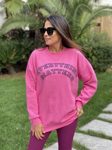 Pembe Everything Bisiklet Yaka İki İplik Kadın Sweatshirt