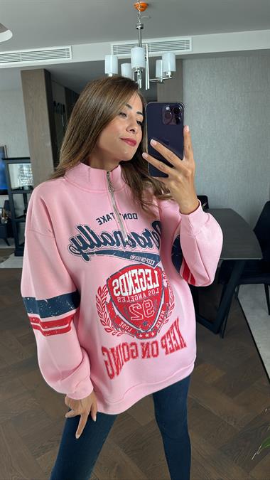 Pembe Fermuarlı Önü Ve Kolu Baskılı Kadın Sweatshirt