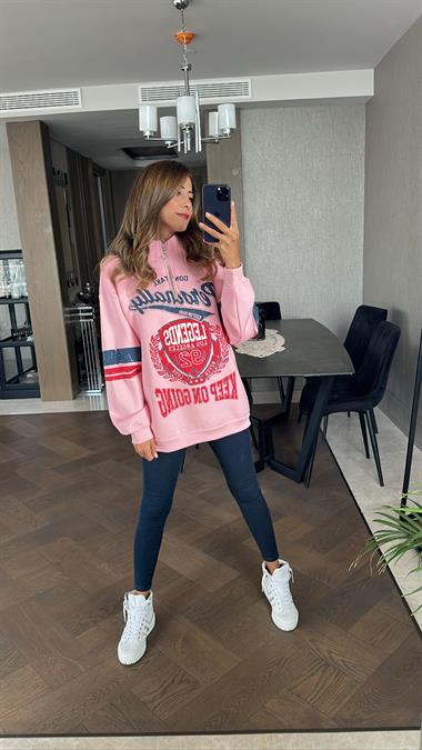 Pembe Fermuarlı Önü Ve Kolu Baskılı Kadın Sweatshirt