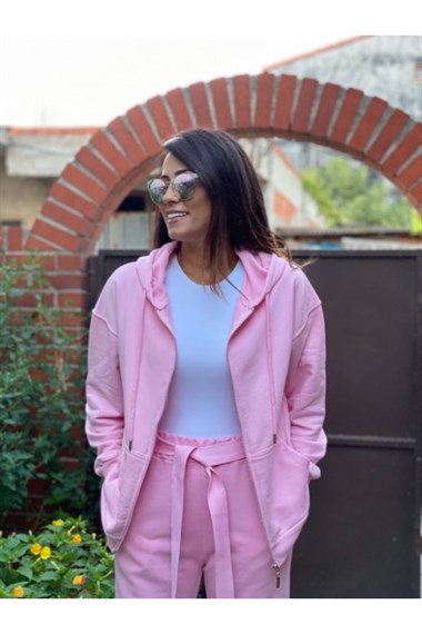 Pembe Fermuarlı Sweatshirt
