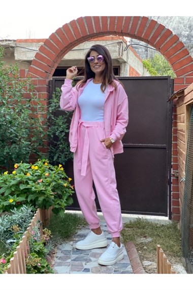 Pembe Fermuarlı Sweatshirt
