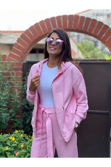 Pembe Fermuarlı Sweatshirt