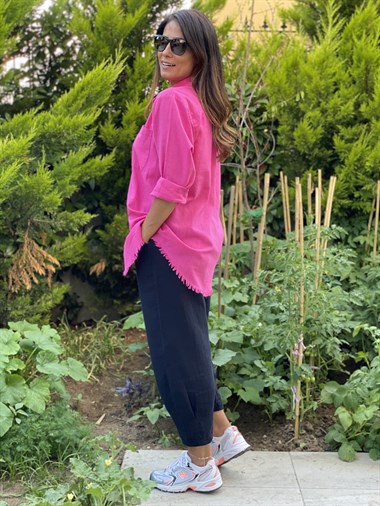 Pembe Flam Keten Eteği Püsküllü Kadın Gömlek