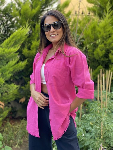 Pembe Flam Keten Eteği Püsküllü Kadın Gömlek