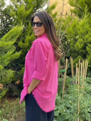 Pembe Flam Keten Eteği Püsküllü Kadın Gömlek