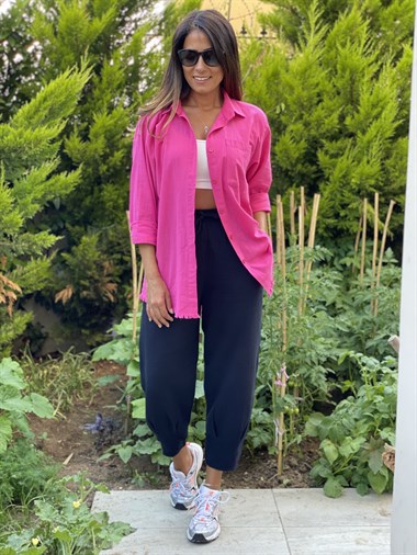 Pembe Flam Keten Eteği Püsküllü Kadın Gömlek