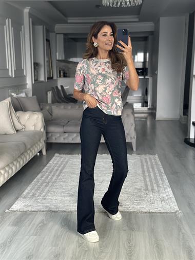 Pembe Floral Baskılı Kısa Kol Kadın Bluz