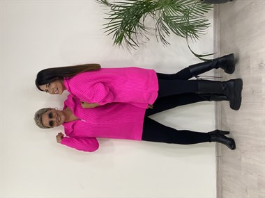 Pembe Geniş Yaka Fermuarlı Triko Kadın Kazak