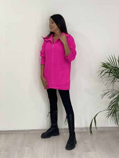 Pembe Geniş Yaka Fermuarlı Triko Kadın Kazak