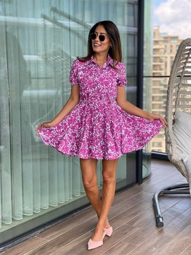 Pembe Gömlek Yaka Çiçek Desen Volanlı Kadın Elbise