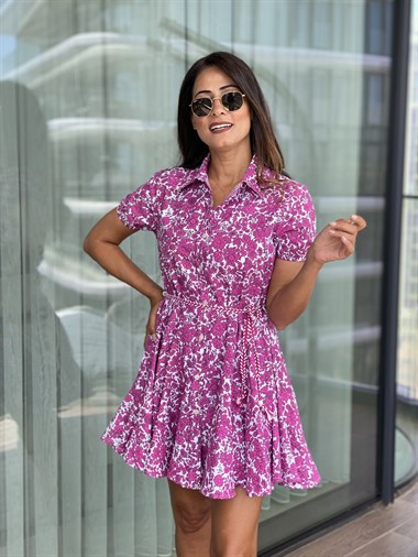 Pembe Gömlek Yaka Çiçek Desen Volanlı Kadın Elbise